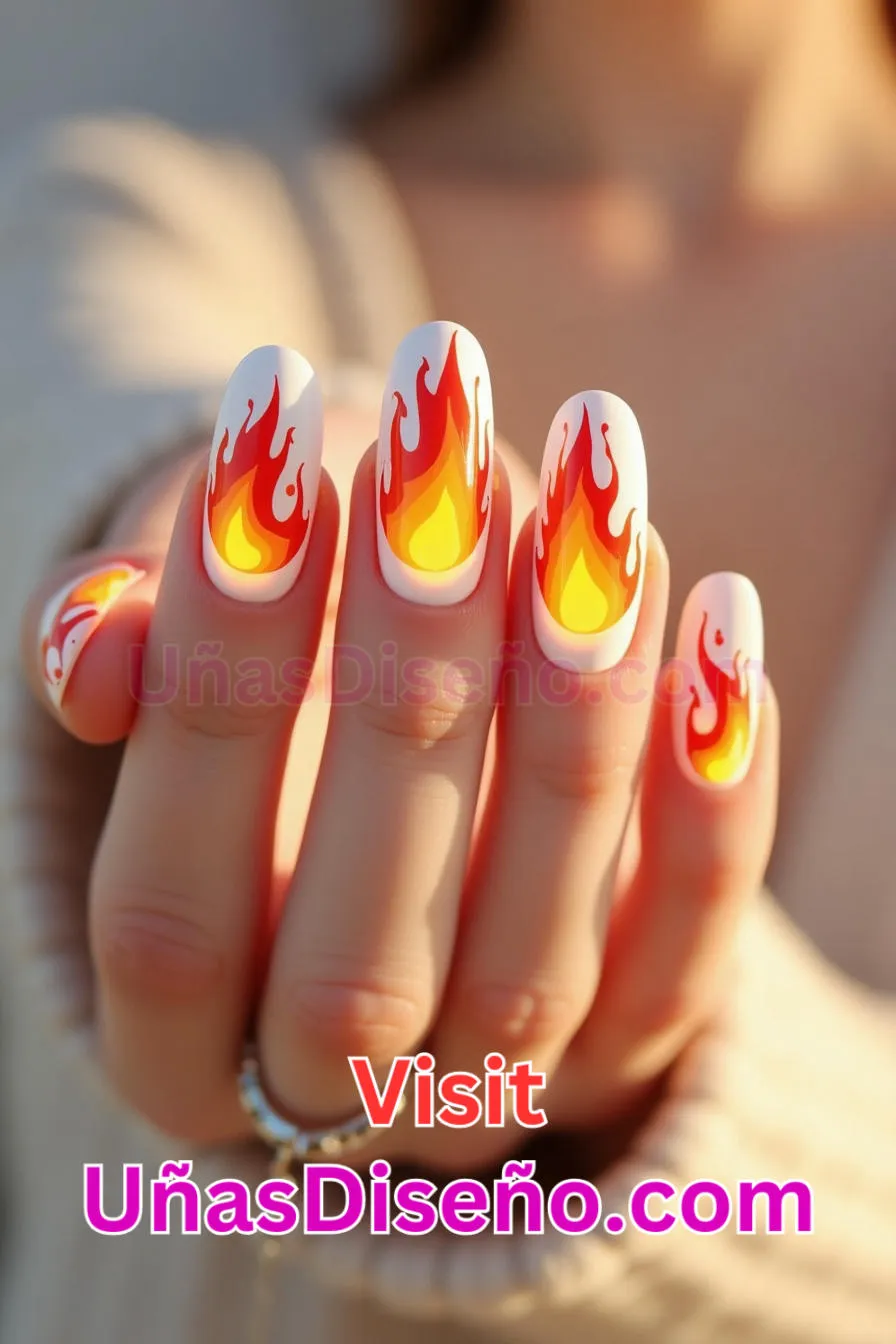 1 Uñas pintadas con llamas blancas y naranjas Los 25 Mejores Diseños de Uñas Para Principiantes 3.jpeg