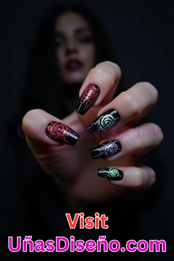 1. Susurros de rosa oscura - Trending 21 mejores diseños de uñas para Halloween en la Ciudad de México que te dejarán boquia