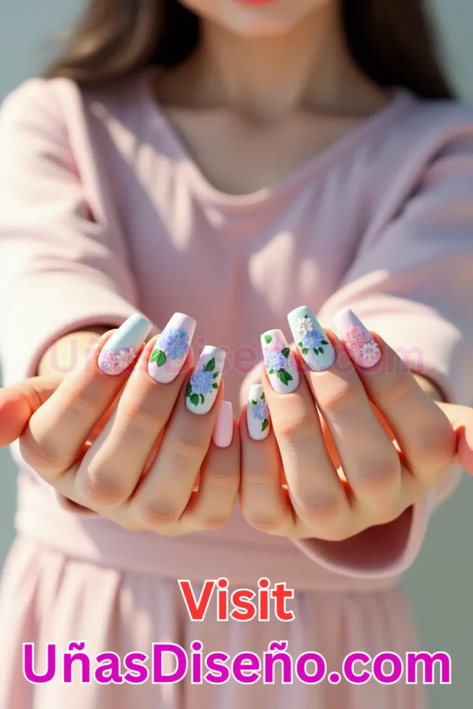 10. Diseños de uñas con estampado floral de hortensias en tonos pastel (2).jpeg