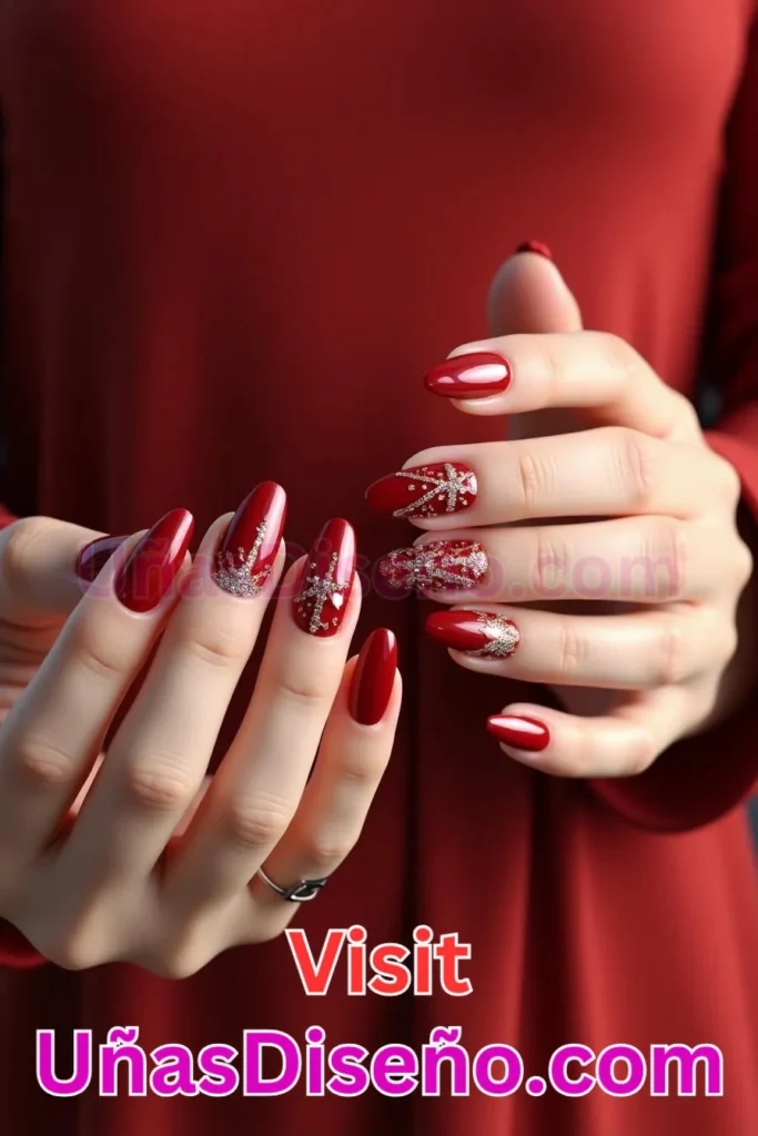 10. Rojo Translúcido con Copos de Nieve Diseños de Uñas Navideñas (1).jpeg