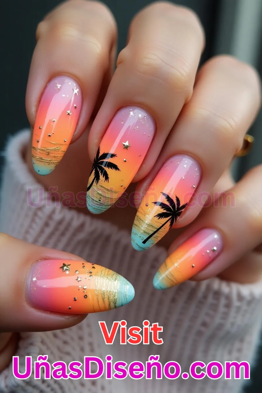 10. Tropical Sunset Vibes - Tendencias 30 Estilos de Uñas Almendra que Marcan la Diferencia (4).jpeg