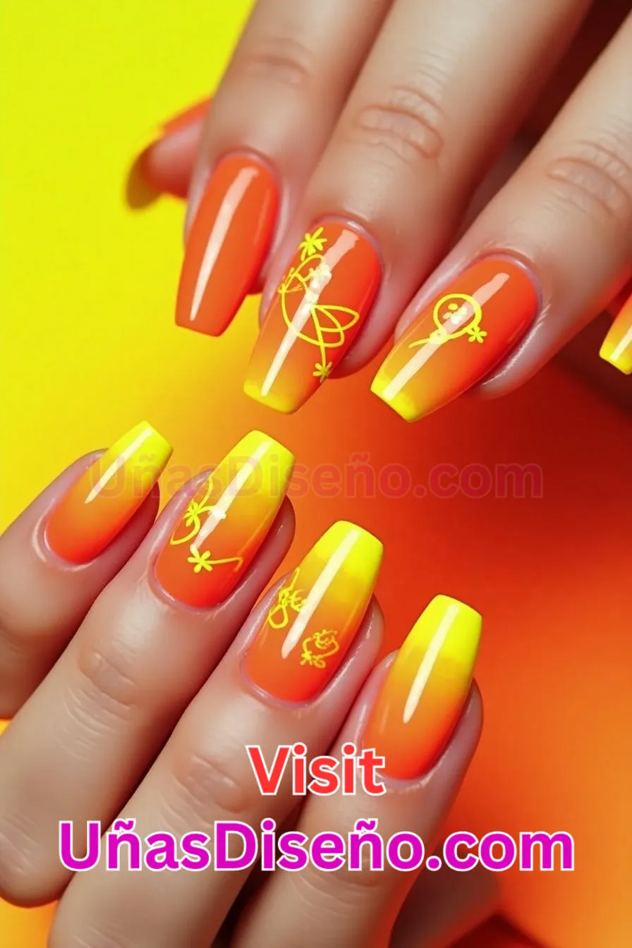 10. Uñas de Neón Amarillo y Naranja para el Verano - 15 Diseños de uñas de neón de moda para un look atrevido y vibrante 2.jpeg