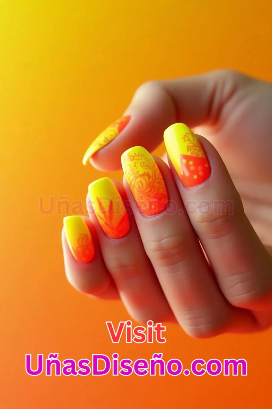 10. Uñas de Neón Amarillo y Naranja para el Verano - 15 Diseños de uñas de neón de moda para un look atrevido y vibrante 4.jpeg