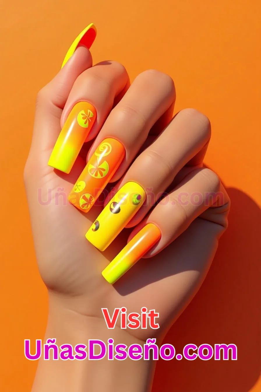 10. Uñas de Neón Amarillo y Naranja para el Verano - 15 Diseños de uñas de neón de moda para un look atrevido y vibrante 5.jpeg