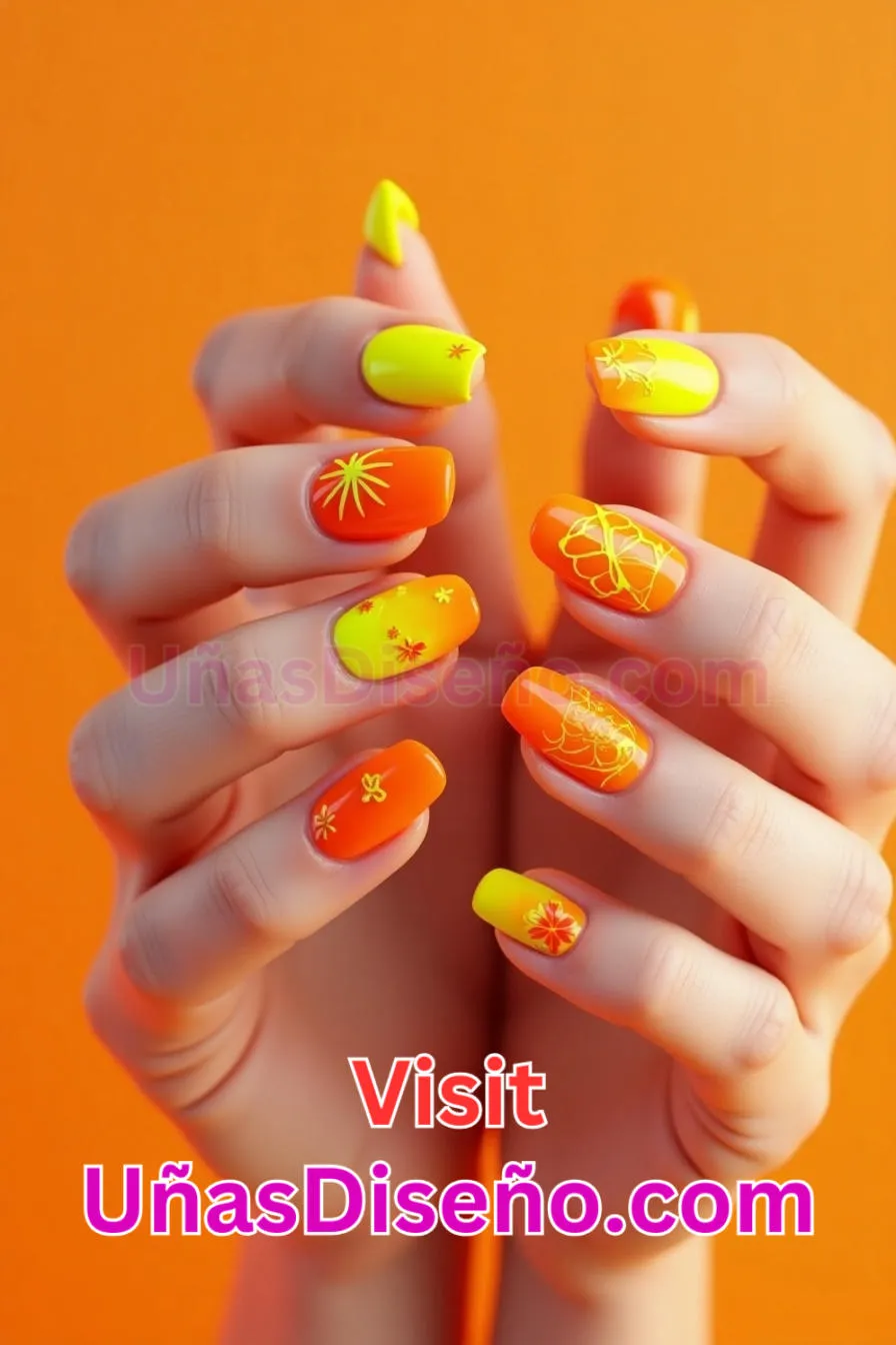 10. Uñas de Neón Amarillo y Naranja para el Verano - 15 Diseños de uñas de neón de moda para un look atrevido y vibrante 6.jpeg
