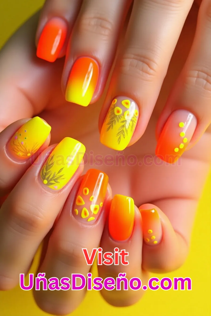 10. Uñas de Neón Amarillo y Naranja para el Verano - 15 Diseños de uñas de neón de moda para un look atrevido y vibrante 7.jpeg