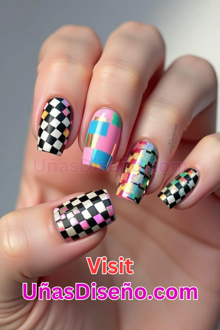 11 Diseños de uñas acrílicas en damero multicolor mejores diseños de uñas acrílicas para una manicura elegante y duradera 1.jpeg