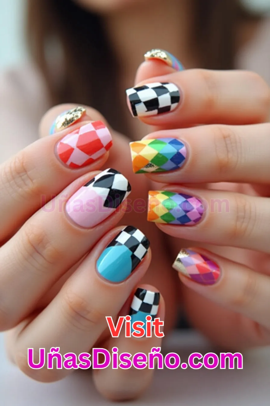 11 Diseños de uñas acrílicas en damero multicolor mejores diseños de uñas acrílicas para una manicura elegante y duradera 2.jpeg