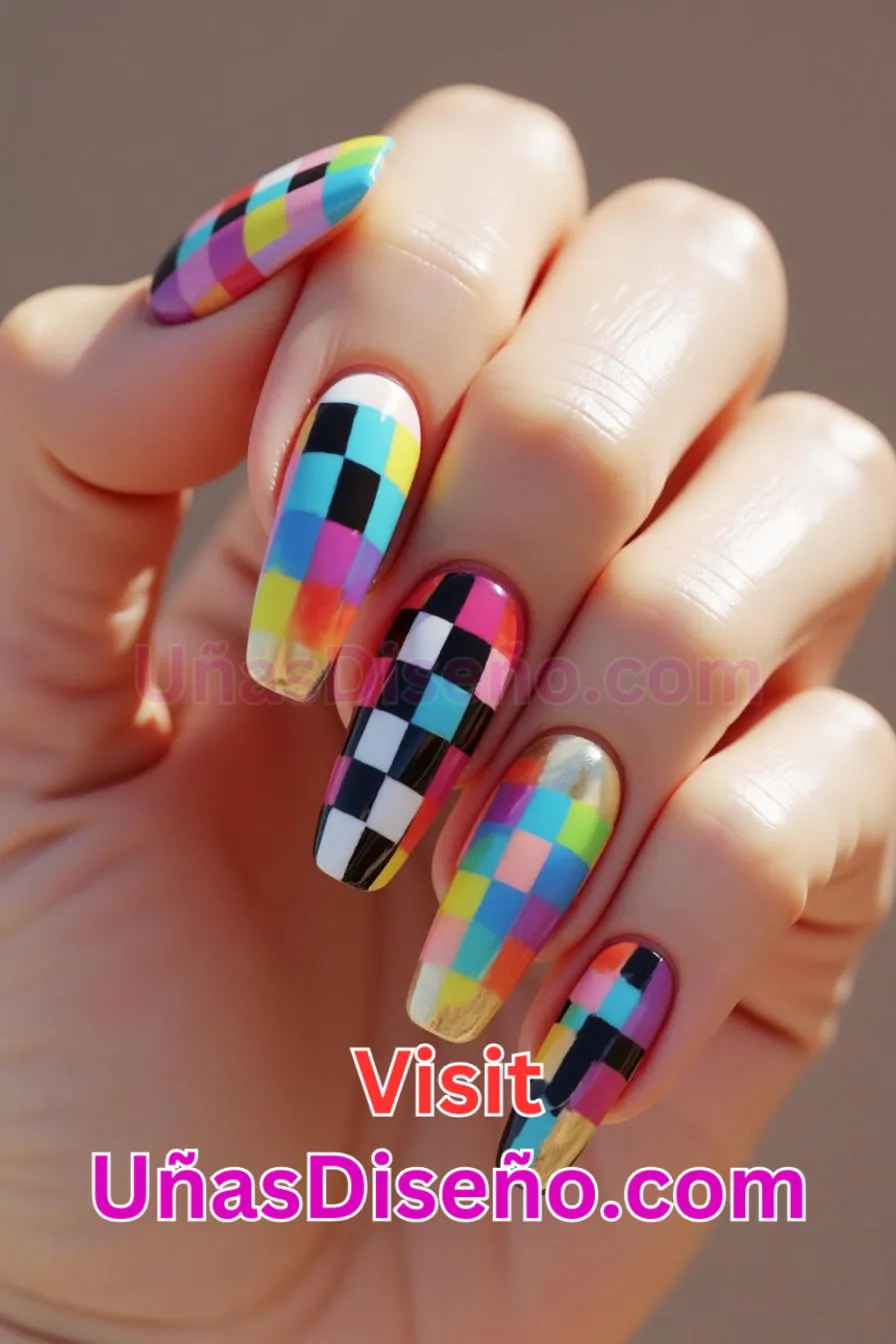 11 Diseños de uñas acrílicas en damero multicolor mejores diseños de uñas acrílicas para una manicura elegante y duradera 3.jpeg