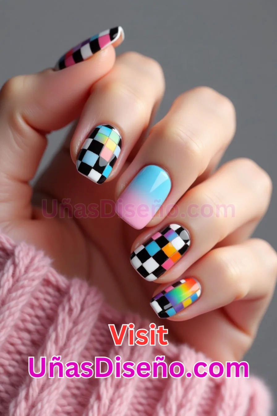 11 Diseños de uñas acrílicas en damero multicolor mejores diseños de uñas acrílicas para una manicura elegante y duradera 4.jpeg