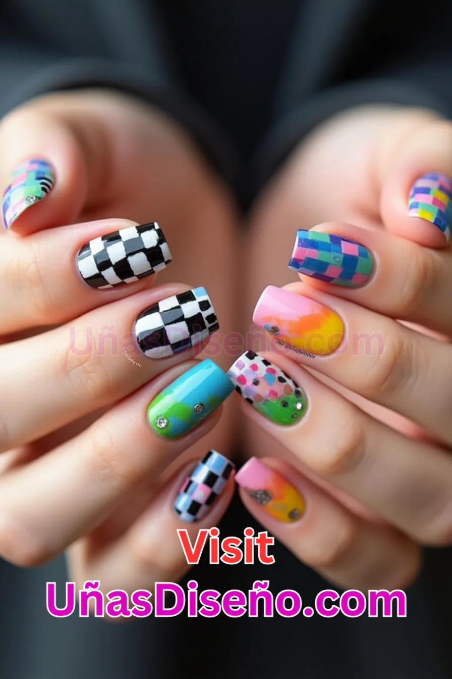 11 Diseños de uñas acrílicas en damero multicolor mejores diseños de uñas acrílicas para una manicura elegante y duradera 5.jpeg