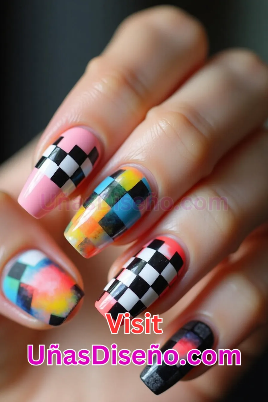 11 Diseños de uñas acrílicas en damero multicolor mejores diseños de uñas acrílicas para una manicura elegante y duradera 6.jpeg