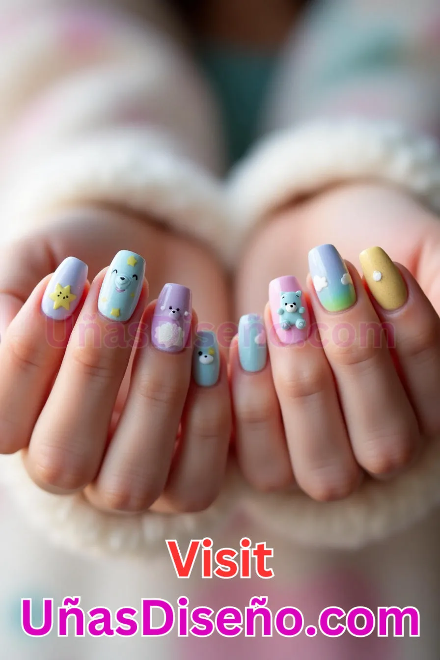 11. Care Bear Recubierto - Los 20 mejores diseños de uñas con purpurina para lucir un look deslumbrante (7).jpeg