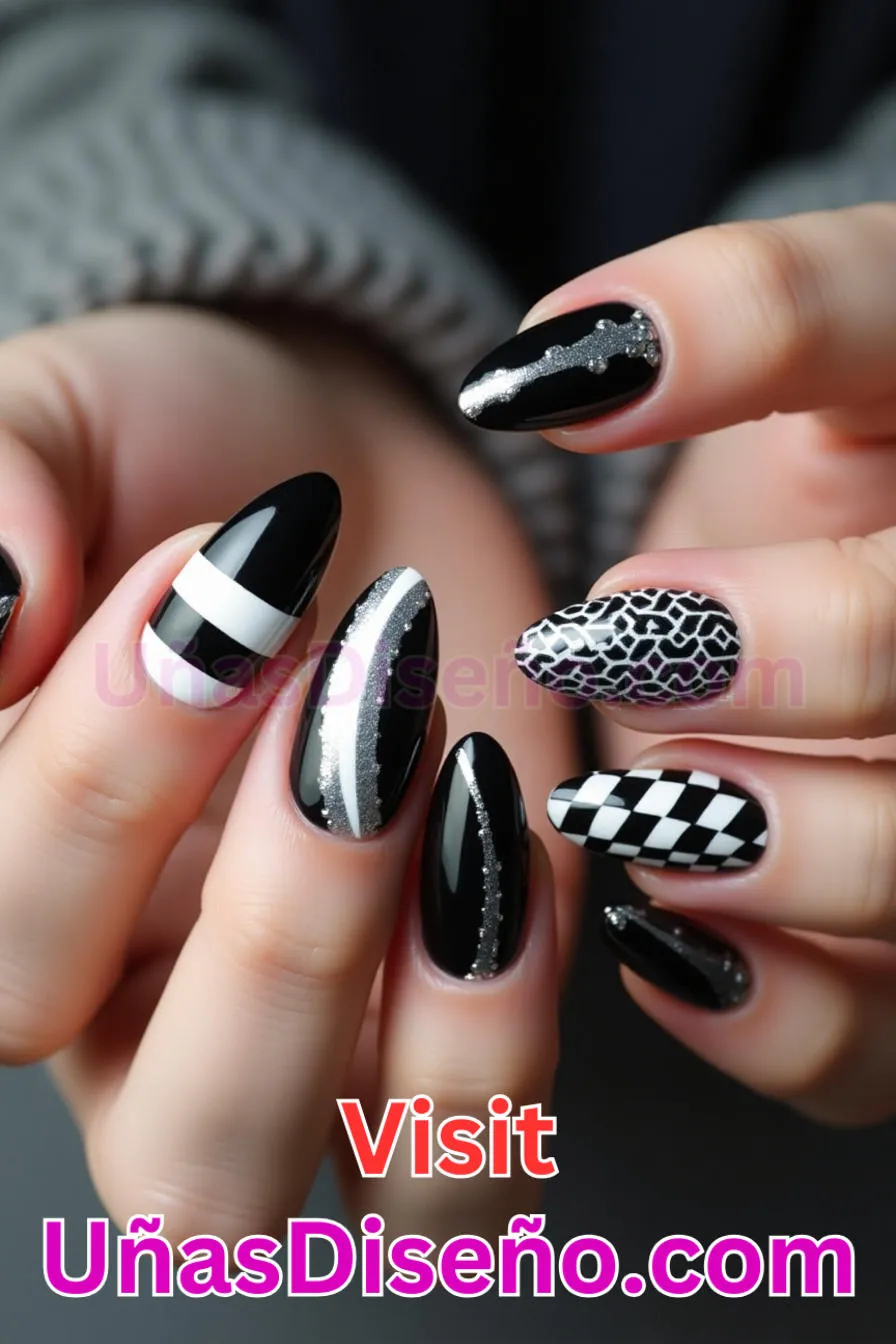 11. Edgy Blanco y Negro de almendra - Reinventa tu Manicura 25 Diseños de Uñas Almendra Impresionantes para1 (1).jpeg