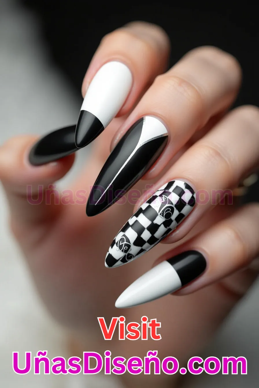 11. Edgy Blanco y Negro de almendra - Reinventa tu Manicura 25 Diseños de Uñas Almendra Impresionantes para1 (2).jpeg