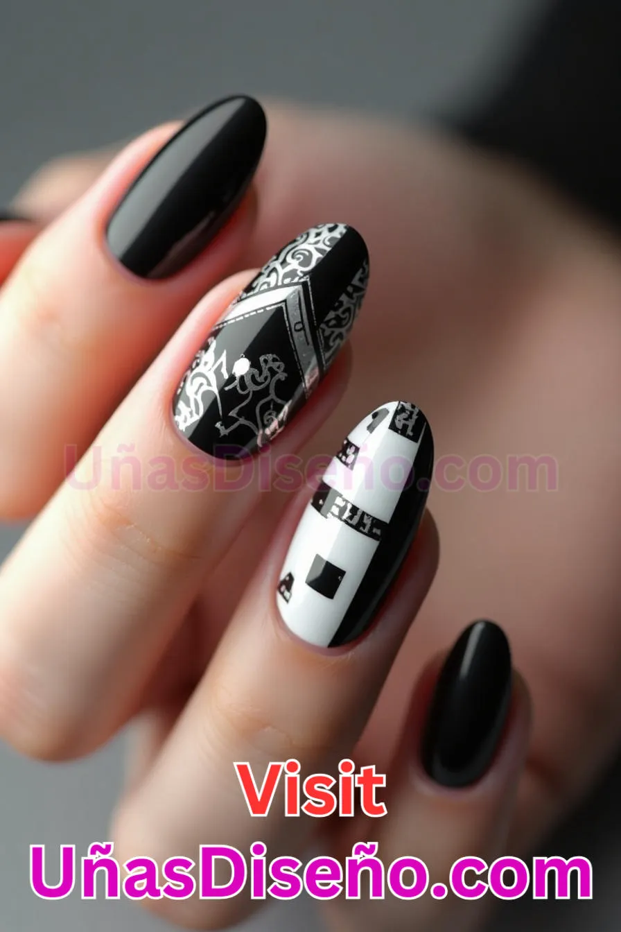 11. Edgy Blanco y Negro de almendra - Reinventa tu Manicura 25 Diseños de Uñas Almendra Impresionantes para1 (3).jpeg