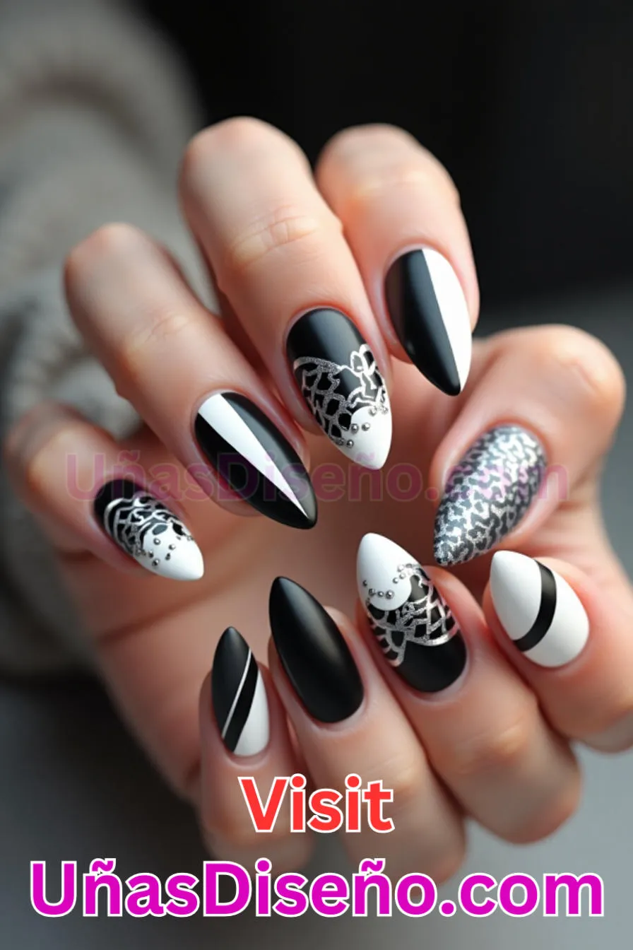 11. Edgy Blanco y Negro de almendra - Reinventa tu Manicura 25 Diseños de Uñas Almendra Impresionantes para1 (4).jpeg