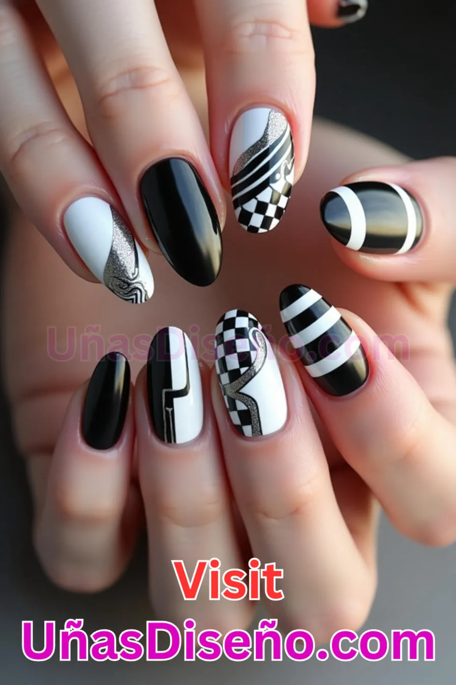 11. Edgy Blanco y Negro de almendra - Reinventa tu Manicura 25 Diseños de Uñas Almendra Impresionantes para1 (5).jpeg