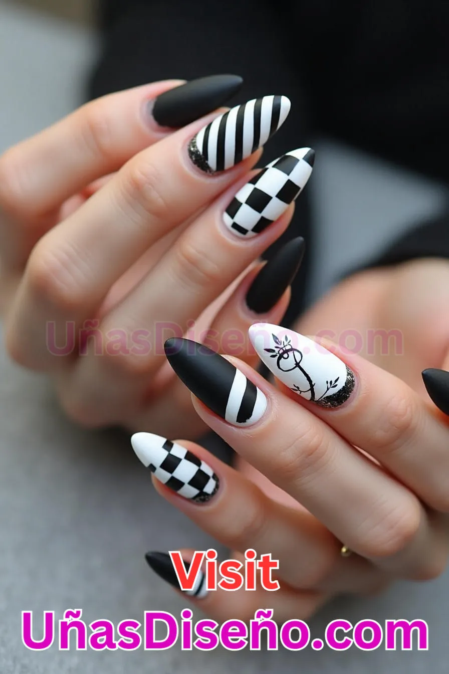11. Edgy Blanco y Negro de almendra - Reinventa tu Manicura 25 Diseños de Uñas Almendra Impresionantes para1 (6).jpeg