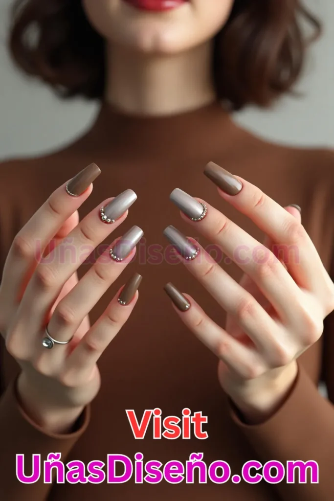 11. Uñas Chocolate con Detalles en Perlas - 15 Diseños de Uñas de Chocolate Oscuro que Complementarán tu Look a la Perfección (1).jpeg