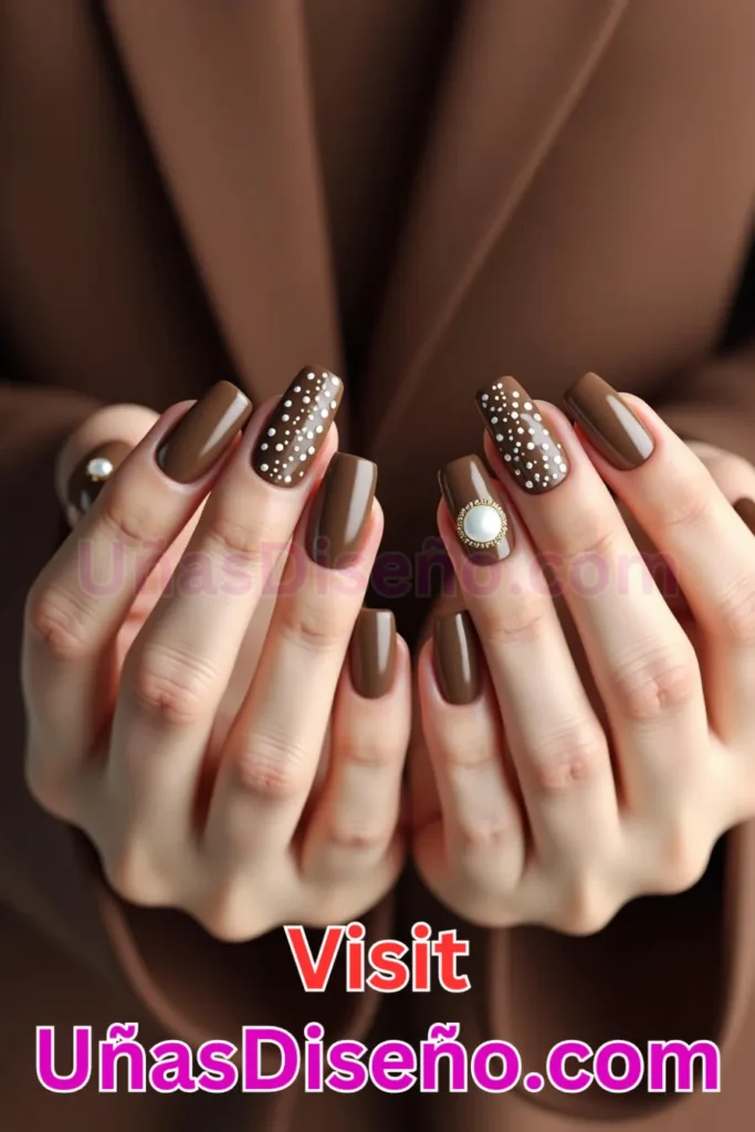 11. Uñas Chocolate con Detalles en Perlas - 15 Diseños de Uñas de Chocolate Oscuro que Complementarán tu Look a la Perfección (2).jpeg