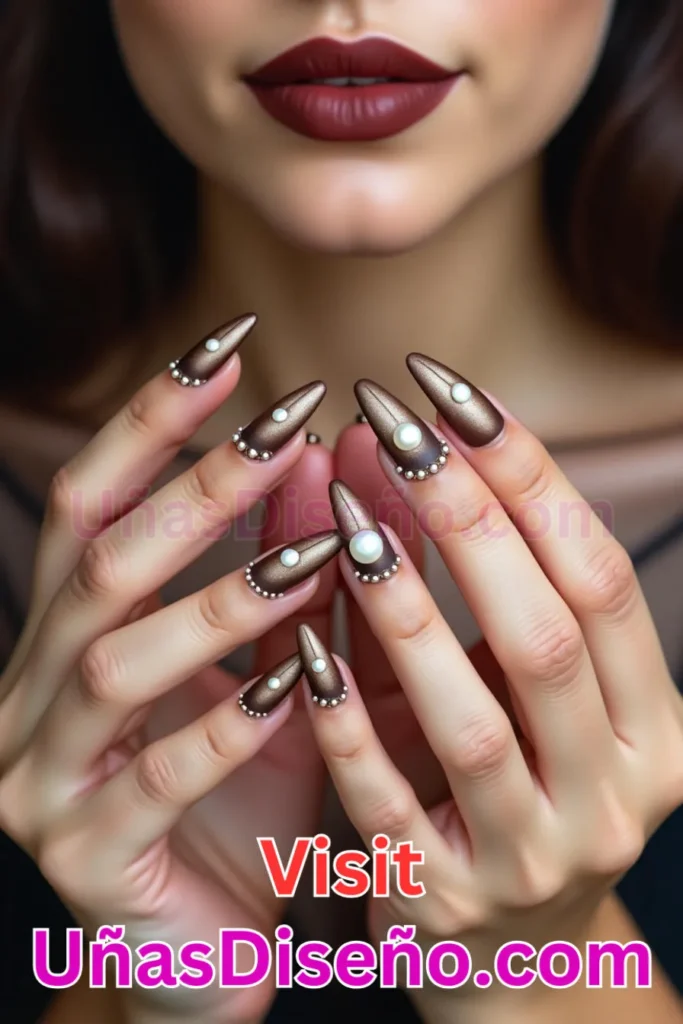 11. Uñas Chocolate con Detalles en Perlas - 15 Diseños de Uñas de Chocolate Oscuro que Complementarán tu Look a la Perfección (4).jpeg