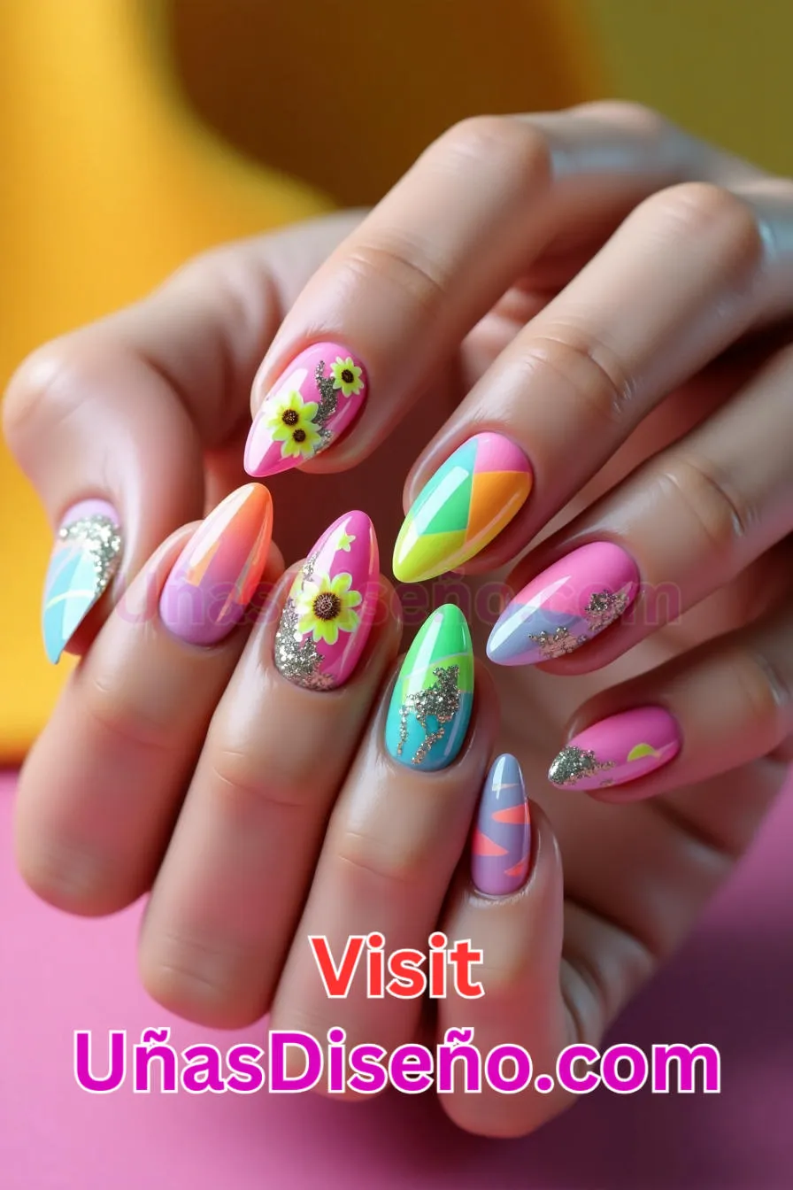 11. Uñas de Neón Florales y Geométricas - 15 Diseños de uñas de neón de moda para un look atrevido y vibrante 1.jpeg