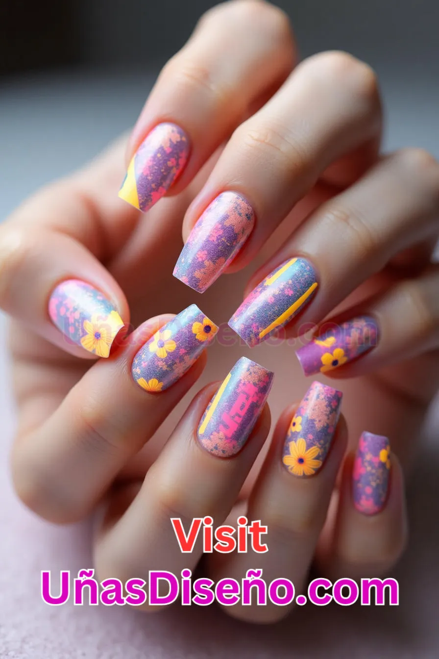 11. Uñas de Neón Florales y Geométricas - 15 Diseños de uñas de neón de moda para un look atrevido y vibrante 2.jpeg