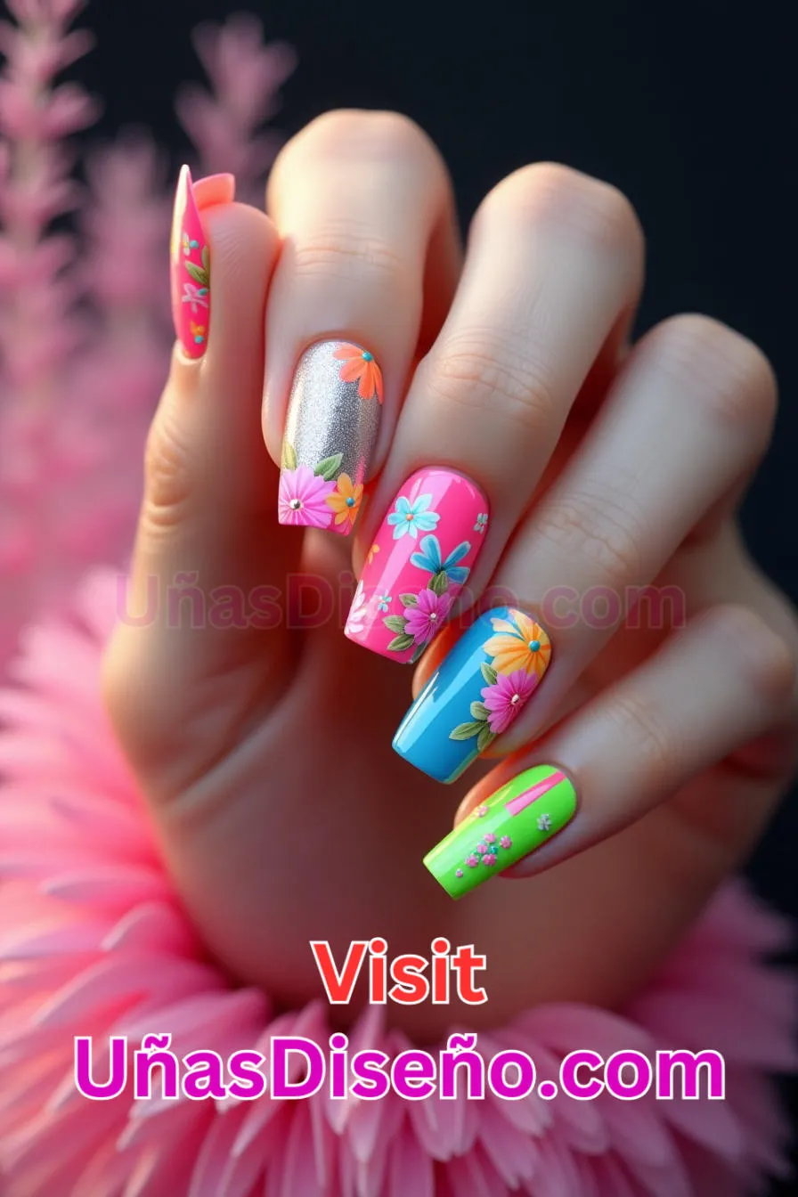 11. Uñas de Neón Florales y Geométricas - 15 Diseños de uñas de neón de moda para un look atrevido y vibrante 3.jpeg