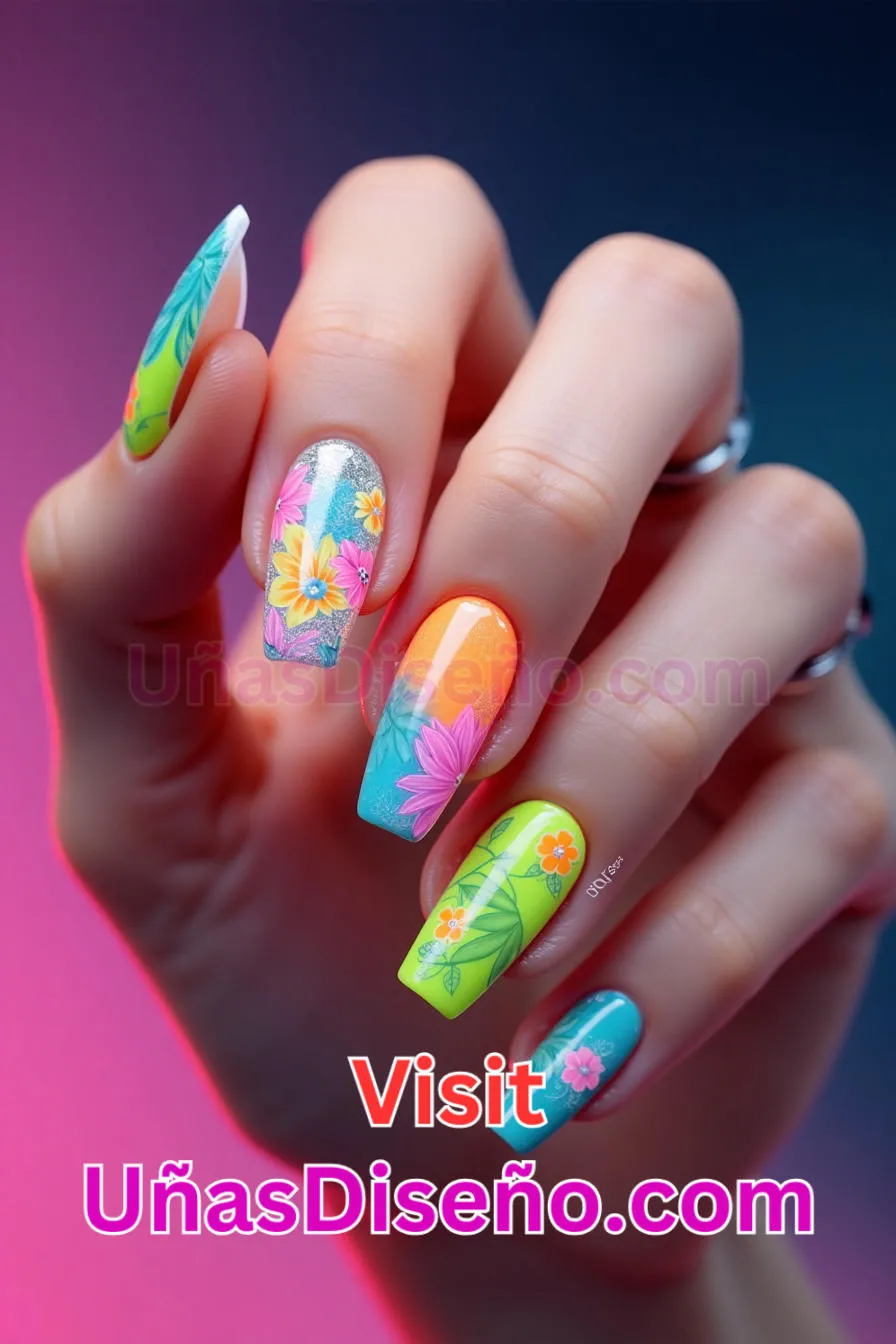 11. Uñas de Neón Florales y Geométricas - 15 Diseños de uñas de neón de moda para un look atrevido y vibrante 4.jpeg