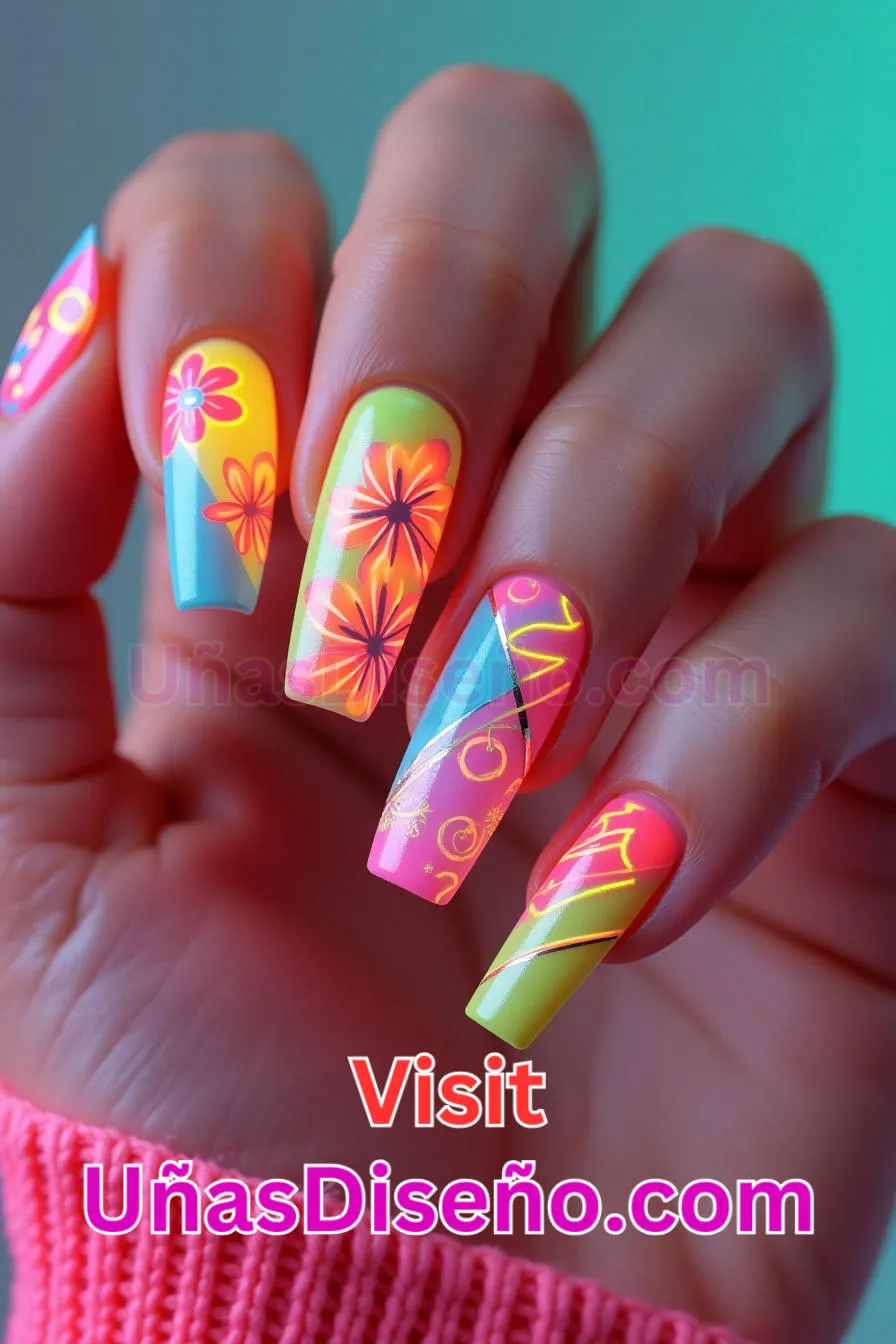 11. Uñas de Neón Florales y Geométricas - 15 Diseños de uñas de neón de moda para un look atrevido y vibrante 5.jpeg