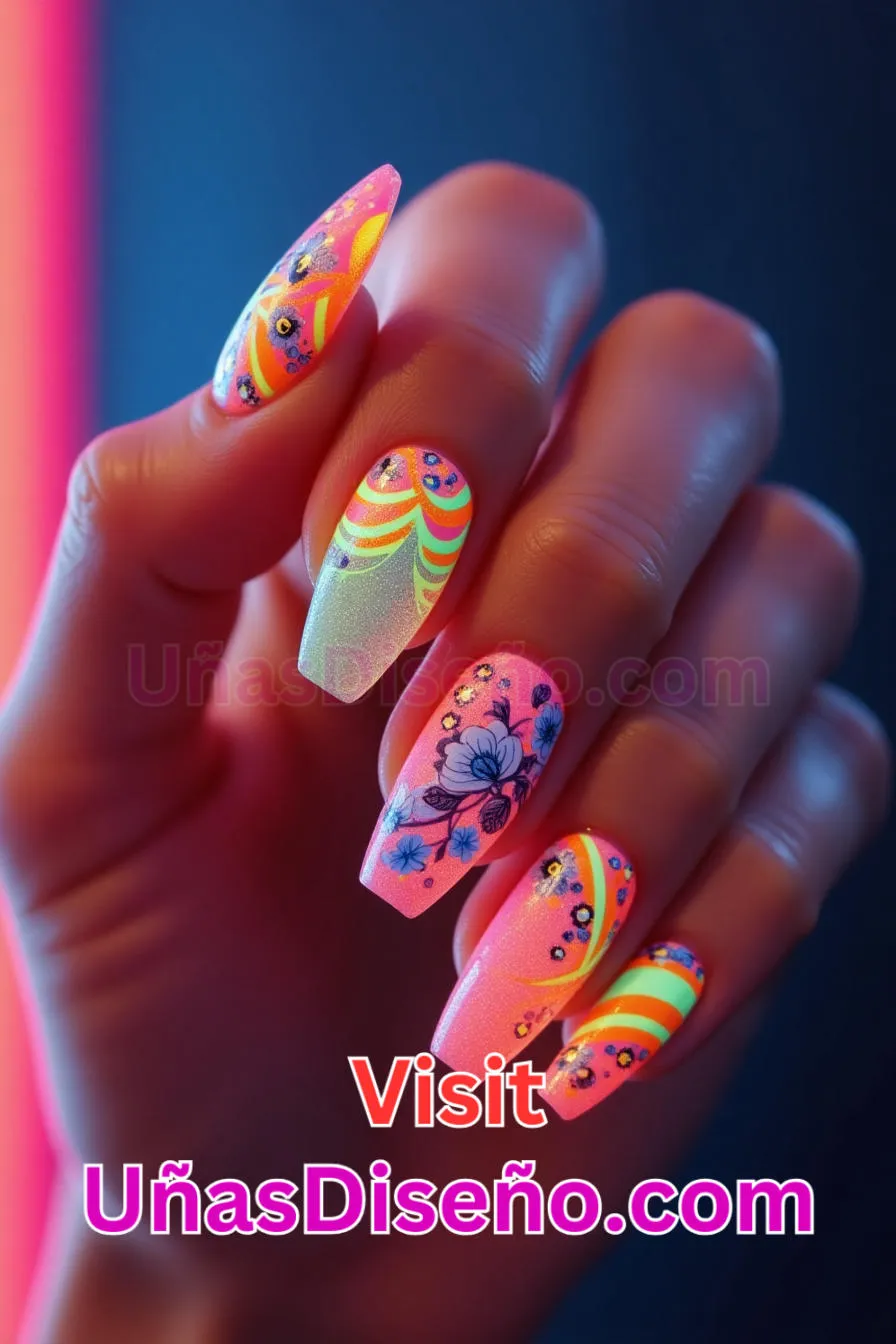 11. Uñas de Neón Florales y Geométricas - 15 Diseños de uñas de neón de moda para un look atrevido y vibrante 6.jpeg