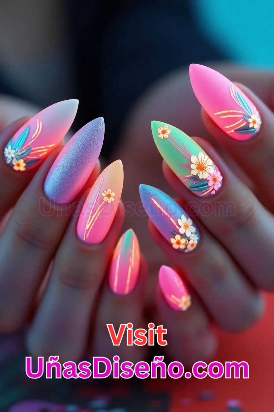 11. Uñas de Neón Florales y Geométricas - 15 Diseños de uñas de neón de moda para un look atrevido y vibrante 7.jpeg