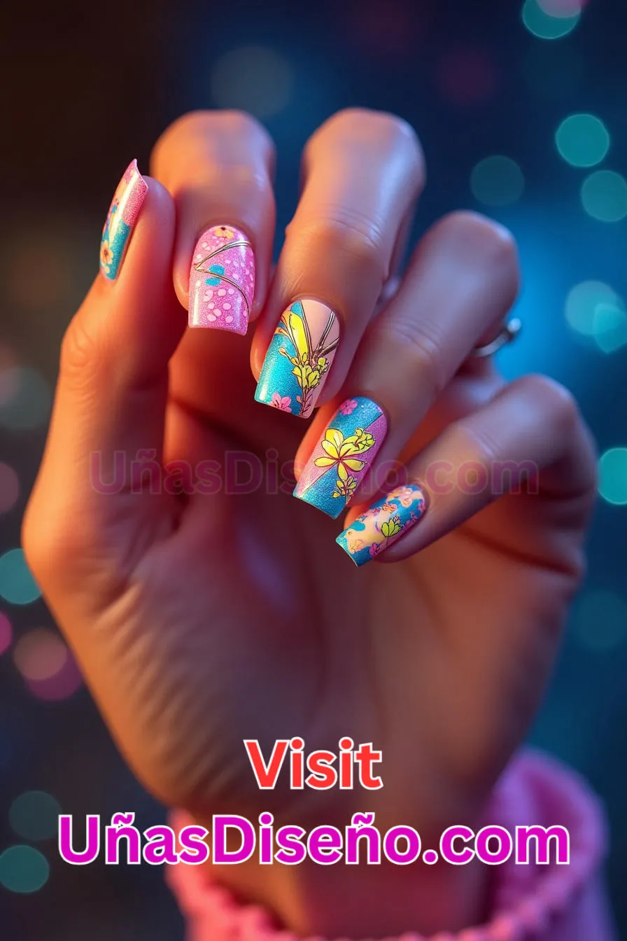 11. Uñas de Neón Florales y Geométricas - 15 Diseños de uñas de neón de moda para un look atrevido y vibrante 8.jpeg