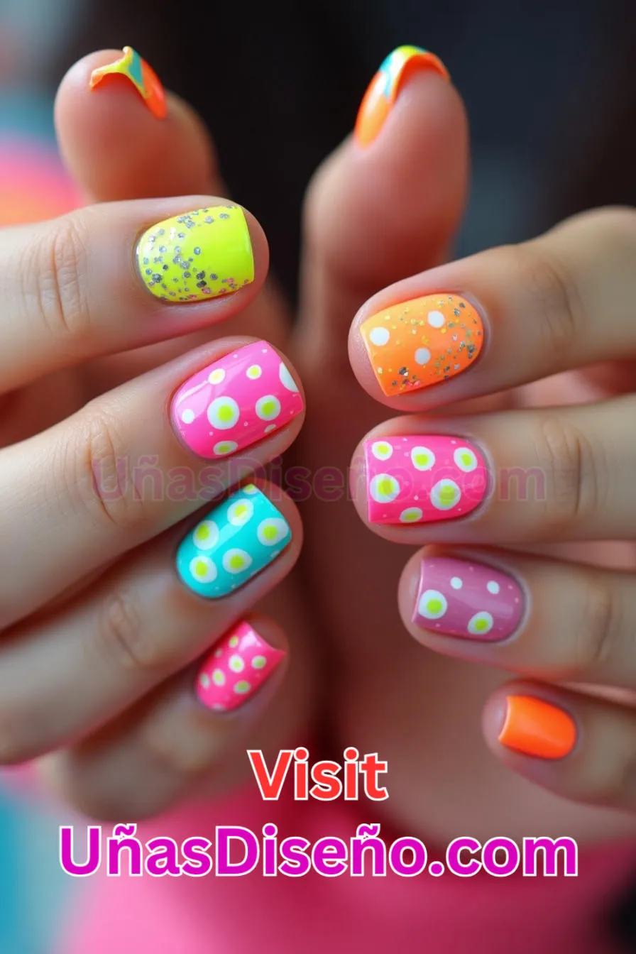 12. Color Neón con Lunares - 15 Diseños de uñas de neón de moda para un look atrevido y vibrante 1.jpeg