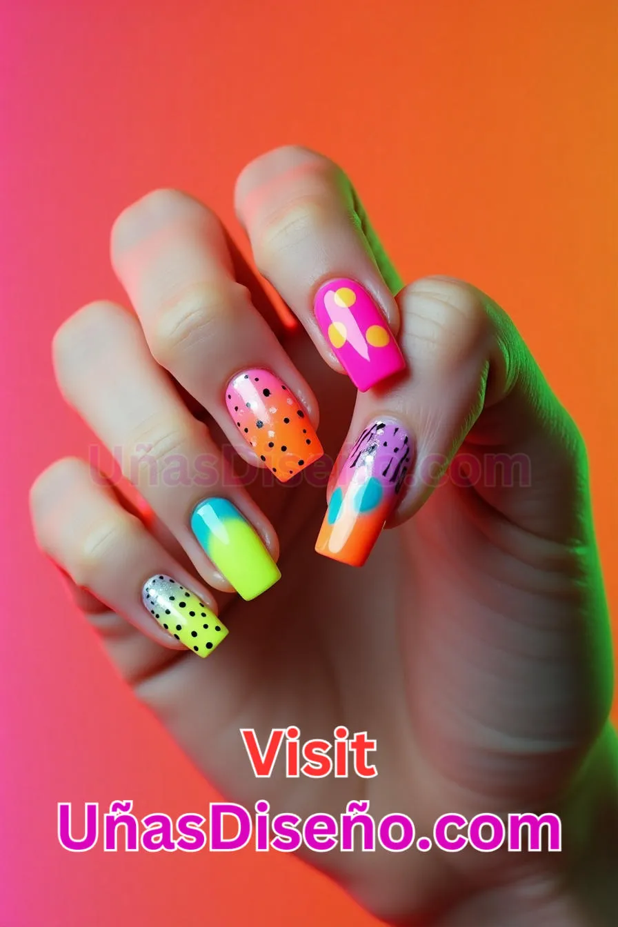 12. Color Neón con Lunares - 15 Diseños de uñas de neón de moda para un look atrevido y vibrante 2.jpeg