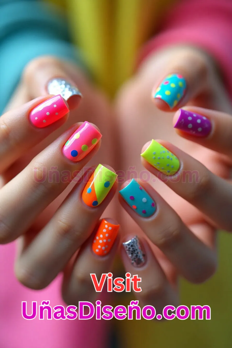 12. Color Neón con Lunares - 15 Diseños de uñas de neón de moda para un look atrevido y vibrante 3.jpeg