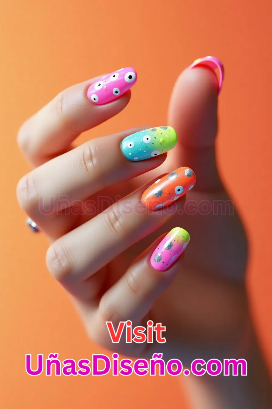 12. Color Neón con Lunares - 15 Diseños de uñas de neón de moda para un look atrevido y vibrante 5.jpeg