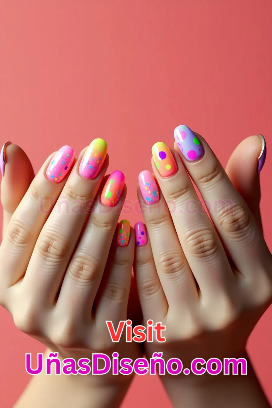 12. Color Neón con Lunares - 15 Diseños de uñas de neón de moda para un look atrevido y vibrante 6.jpeg