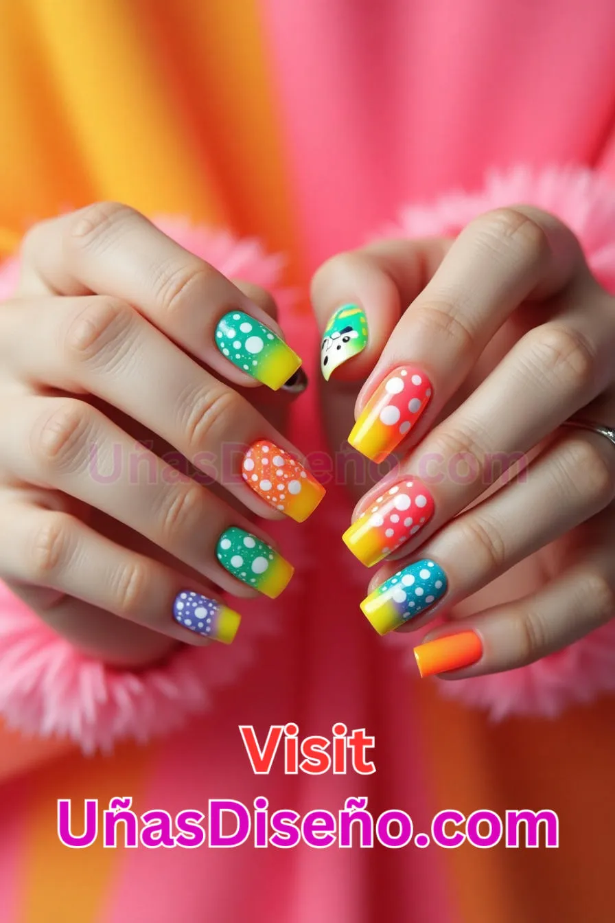 12. Color Neón con Lunares - 15 Diseños de uñas de neón de moda para un look atrevido y vibrante 7.jpeg