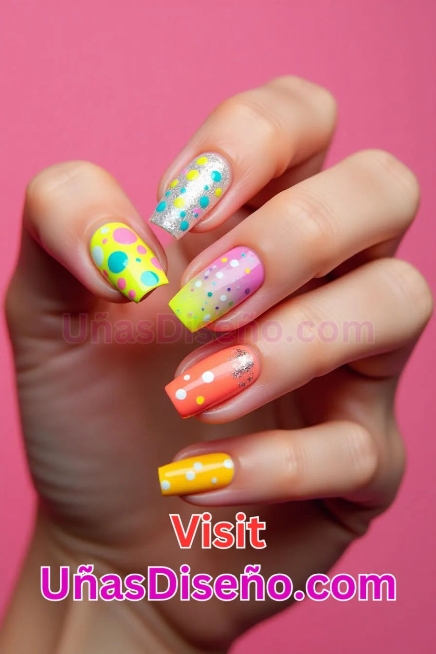 12. Color Neón con Lunares - 15 Diseños de uñas de neón de moda para un look atrevido y vibrante4.jpeg