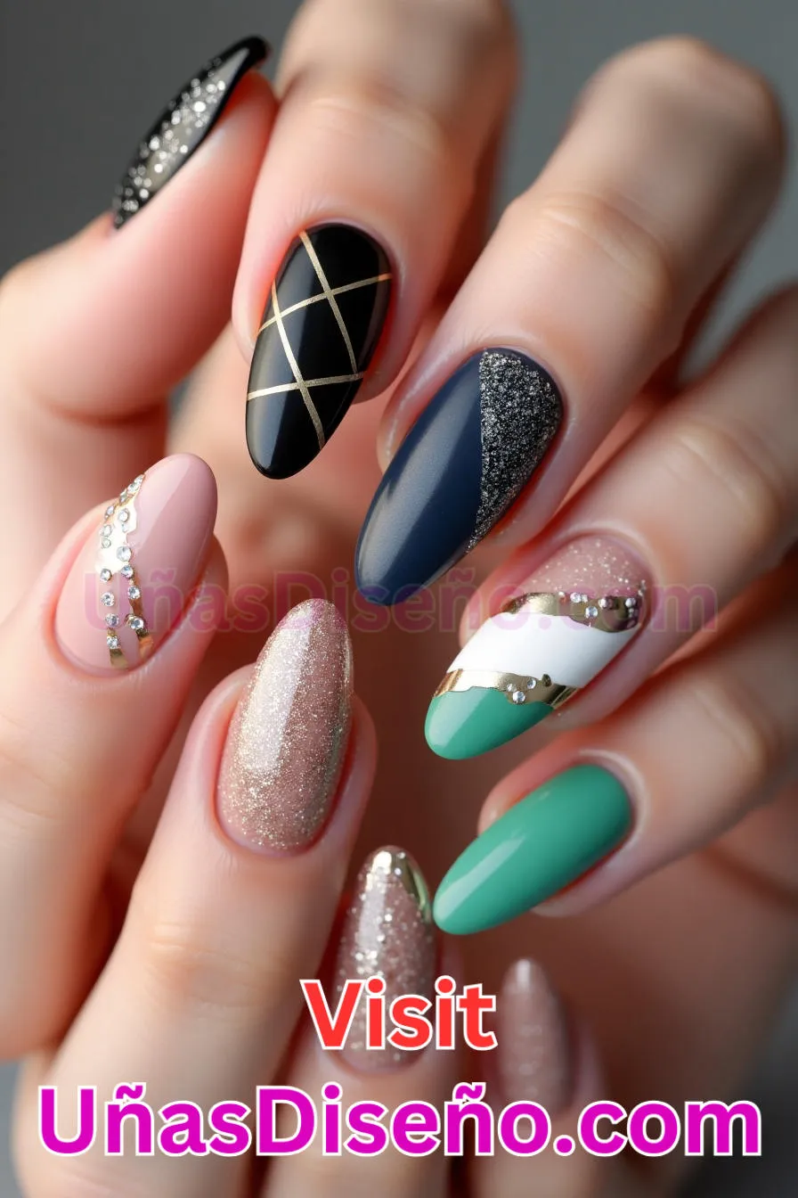 12. Glitter Geometry Fusion - Tendencias 30 Estilos de Uñas Almendra que Marcan la Diferencia (1).jpeg
