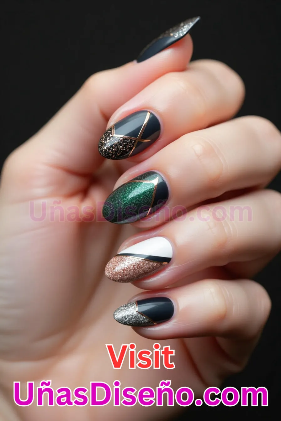 12. Glitter Geometry Fusion - Tendencias 30 Estilos de Uñas Almendra que Marcan la Diferencia (4).jpeg