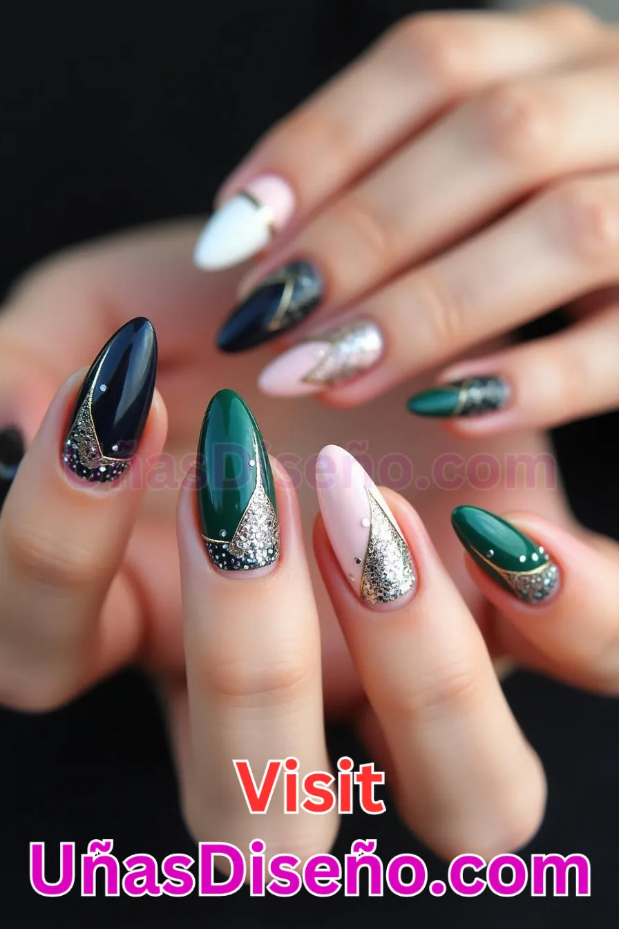 12. Glitter Geometry Fusion - Tendencias 30 Estilos de Uñas Almendra que Marcan la Diferencia (5).jpeg