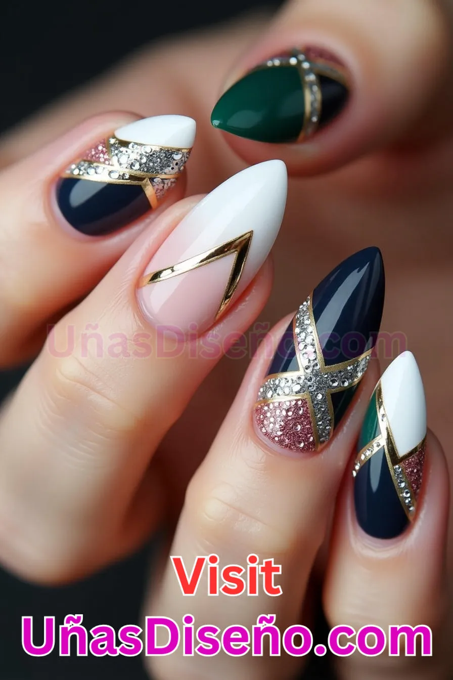 12. Glitter Geometry Fusion - Tendencias 30 Estilos de Uñas Almendra que Marcan la Diferencia (6).jpeg