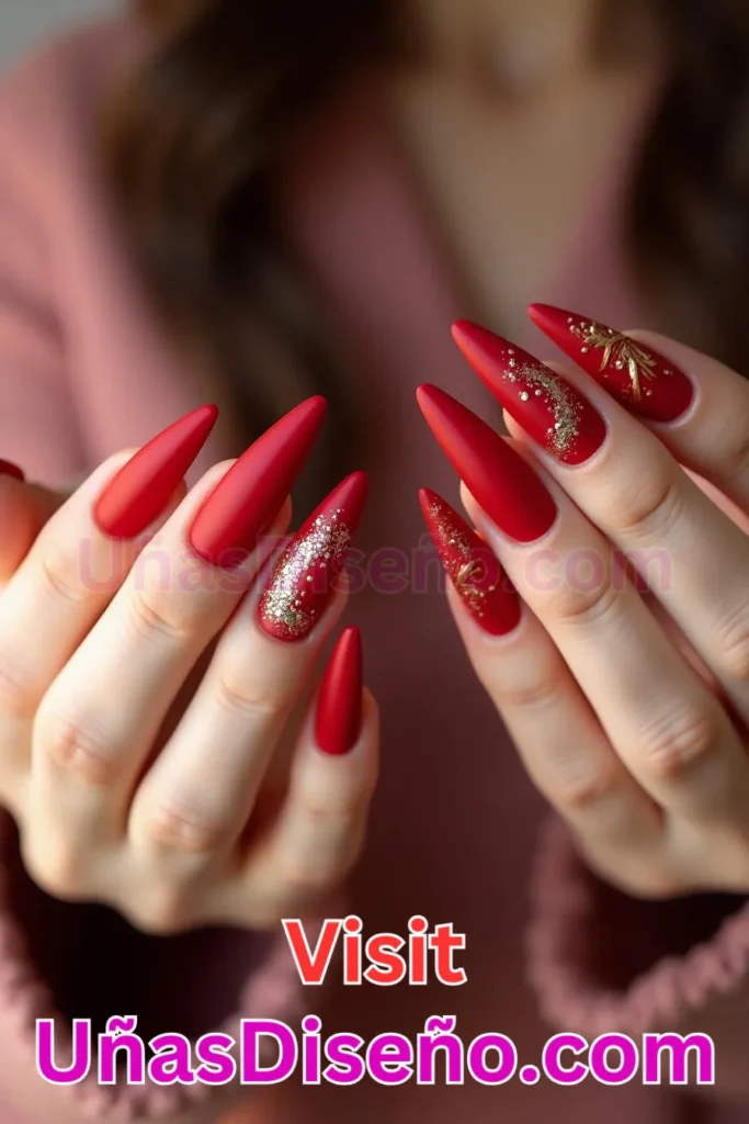 12. Matte Cherry con Pinceladas Doradas Diseños de Uñas Navideñas (1).jpeg