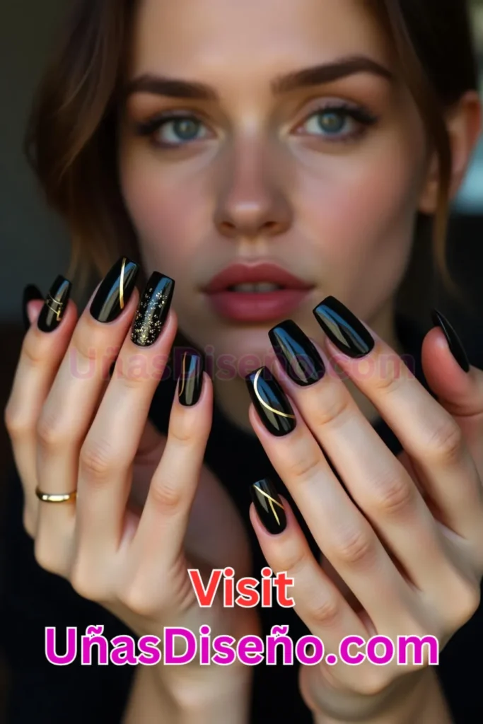 12. Negro brillante con sutiles detalles dorados - 25 innovadores diseños de uñas semipermanentes para un look elegante y duradero (4).jpeg