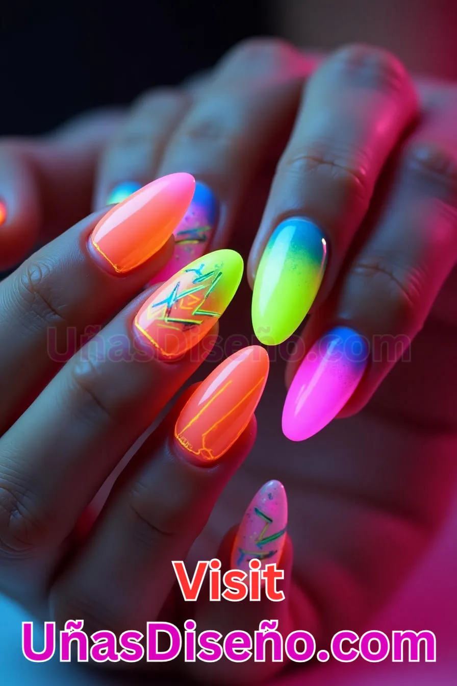 13. Almendra Luces de Neón - Reinventa tu Manicura 25 Diseños de Uñas Almendra Impresionantes para (5).jpeg