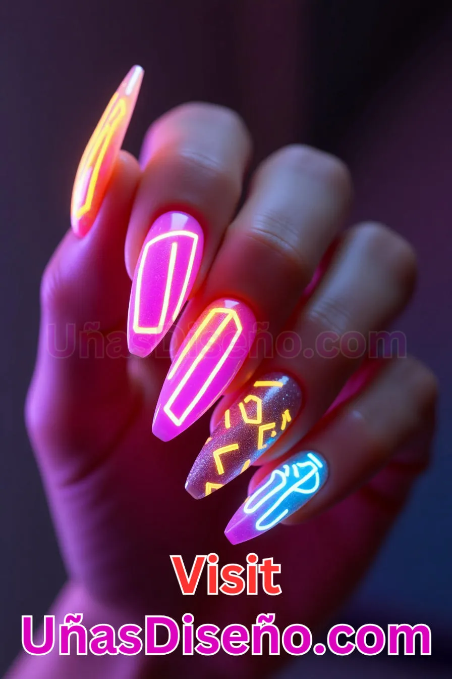 13. Almendra Luces de Neón - Reinventa tu Manicura 25 Diseños de Uñas Almendra Impresionantes para (6).jpeg