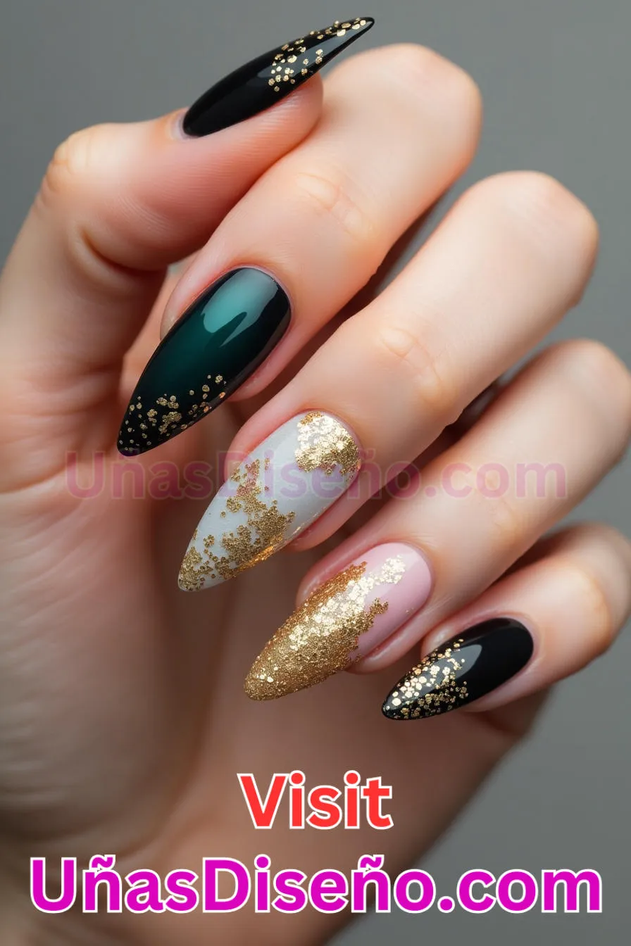 13. Almendra brillante y dorada - 20 Uñas de Almendra Elegance Diseños exclusivos para un look sofisticado (2).jpeg